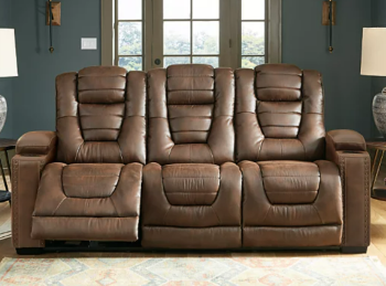 Ashley Ace Chocolate Faux Leather Power Reclining Sofa with Power Headrests