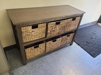 Distressed Grey Console Table with Woven Storage Bins
