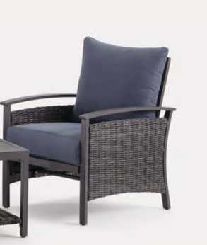 Outdoor Black Powdered-Coated Steel Framed Chair with Blue Cushions