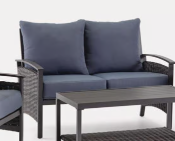 Outdoor Black Powdered-Coated Steel Framed Loveseat with Blue Cushions