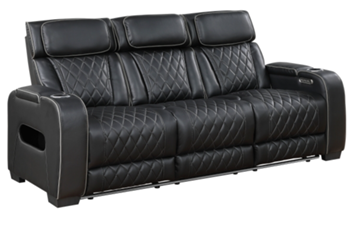 Homelegance Fairway Black Faux Leather Dual Power Reclining Sofa with Storage Arms, USB & LEDs