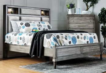 Furniture of America Daphne Grey King Bed with Bookcase Headboard & LEDs
