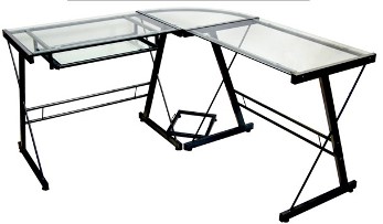 Stanley Ranger Black L-Shaped Modern Glass Corner Computer Desk with Clear Glass Top