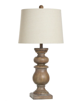 Stylecraft Wood-Look Sculpted Table Lamp with Round Light Beige Shade