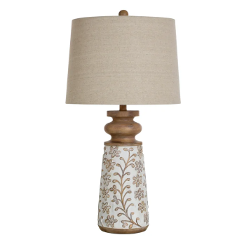 Stylecraft Wood Floral Table Lamp with Round White Shade