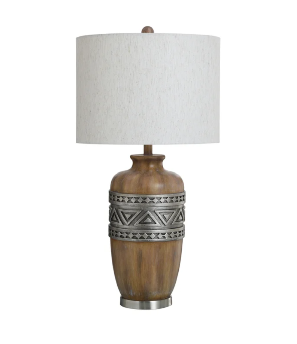 Stylecraft Patterned Brushed Steel & Wood-Look Table Lamp with Round Shade
