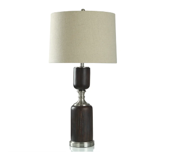 Stylecraft Mahogany Finish Contoured Table Lamp with Brushed Steel Accents & Round Beige Shade
