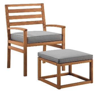 Stanley Ranger Payson Acacia Brown Wood Outdoor Chair & Pull Out Ottoman with Grey Cushions