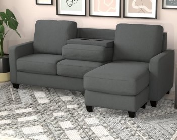 Emerald Dawson Charcoal Fabric Sofa with Reversible Chaise & Drop-Down Console