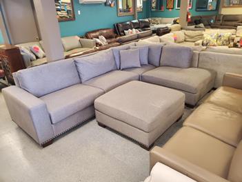 Thomasville Artesia Silver Fabric Sectional with Right-Hand Chaise, Nailhead Trim & Matching Ottoman