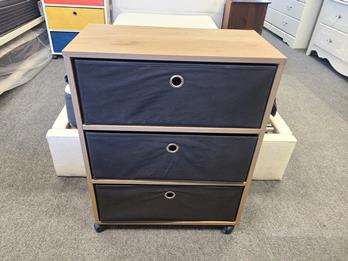 Light Brown 3-Shelf Rolling Storage Shelf with Charcoal Canvas Storage Boxes