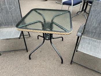 Outdoor Glass-Top Square Table with Black Metal Frame & Tan Resin Wicker Accents