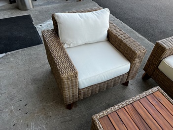 Light Brown PVC Wicker Chair with Beige Cushions