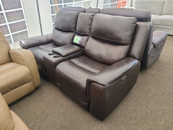 Jason Furniture Carey Dark Brown Leather Dual Power Reclining Console Loveseat (blemish)