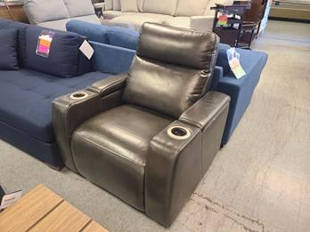 Manwah Charcoal Leather Power Recliner with Cupholders, Arm Storage & Adjustable Headrest