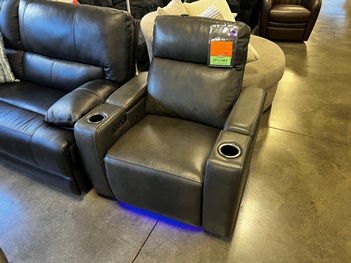 Manwah Samuel Softee Charcoal Leather Power Recliner with Cupholders, Arm Storage & Adjustable Headrest
