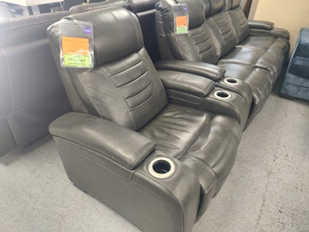 Manwah Charcoal Leather Power Recliner with Cupholders, Arm Storage & Adjustable Headrest