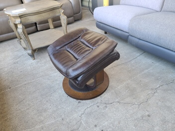 Dark Brown Leather Ottoman with Wood Base