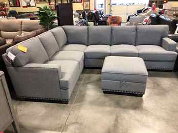Thomasville Emilee Light Grey Fabric Sectional with Ottoman & Nailhead Trim Accents