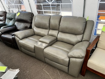 Ashley Faust Grey Leather Power Reclining Console Loveseat