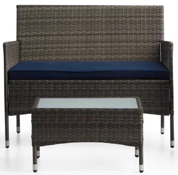 Outdoor Harris Dark Brown PVC Wicker Loveseat with Blue Seat Cushion
