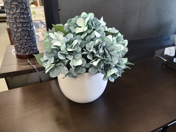 Large Blue Hydrangea Floral Arrangement in Ivory Ceramic Planter