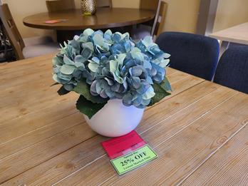 Large Blue Hydrangea Floral Arrangment in White Ceramic Planter