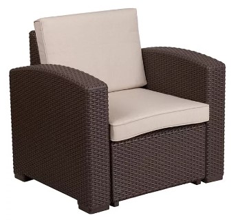 Outdoor James Dark Brown PVC Resin Wicker Chair with Squared Arms & Beige Cushions