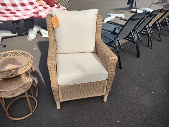 Outdoor Light Brown PVC Wicker Chair with Light Beige Cushions