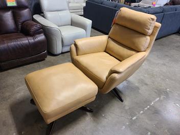 Simon Li Everest Light Cognac Leather Swivel Accent Chair with Ottoman