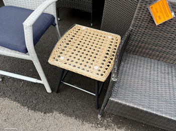 Outdoor Glass-Top Side Table with Black Metal Frame & Beige Resin Wicker Accents