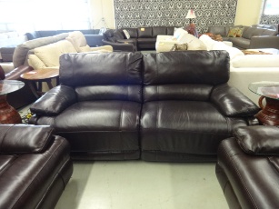 ManWah Dark Brown Leather Power Reclining Sofa with Waterfall Back Cushions