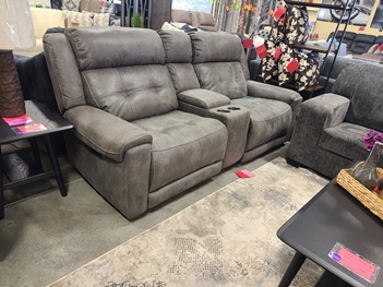 Manwah Grey Microsuede Dual Power Reclining 3-Piece Console Loveseat with Stitched Accents