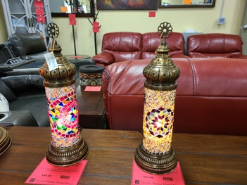 Tribal Home Turkish Antique Bronze 8-Inch Minaret Table Lamp with Mosaic Glass