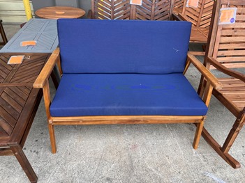 Outdoor Rich Brown Hardwood Loveseat with Blue Cushions