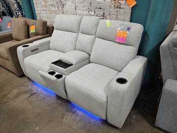Manwah Palo Dove Fabric Dual Power Reclining Console Loveseat with Cupholders & Storage
