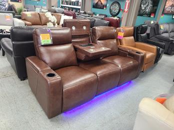 Manwah Dark Brown Leather Power Reclining Sofa with Cupholders, Arm Storage & Adjustable Headrests (no reading lights)