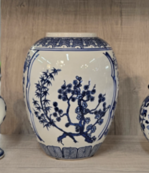 Three Hands White & Blue Round Oriental Vase