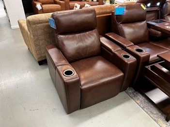 Manwah Samuel Softee Walnut Leather Power Recliner with Cupholders, Arm Storage & Adjustable Headrest