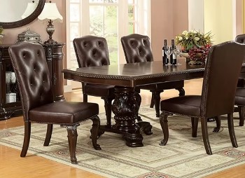 Sybil Brown Cherry Finish Dining Set with 6 Chairs, 2 Leaves & Carved Accents