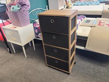 Light Brown 4-Shelf Rolling Storage Shelf with Charcoal Canvas Storage Boxes
