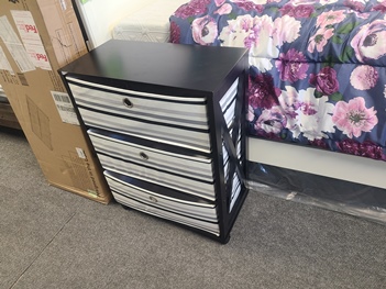 Black 3-Shelf Rolling Storage Shelf with Striped Canvas Storage Boxes