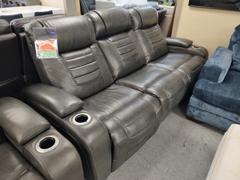 Manwah Charcoal Leather Power Reclining Sofa with Cupholders, Arm Storage & Adjustable Headrests