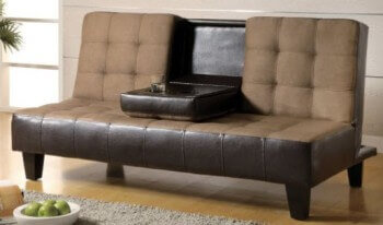 Coaster Brown Microfiber & Dark Brown Faux Leather Sofa Bed with Drop-Down Cupholders