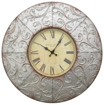 Three Hands Textured Galvanized Metal 24-Inch Wall Clock with Scrolling Accents
