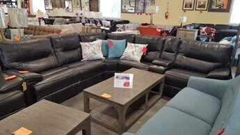 Encore Home Furnishings New Furniture Factory Seconds Jason Furniture Black Leather Reclining 6 Piece Sectional With Headrests