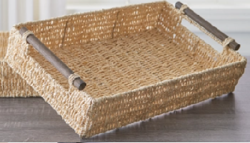 Large Woven Palm Leaf Tray with Wood Handles