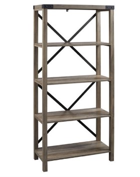 Stanley Ranger Farmhouse Grey Wash Wood & Metal Bookcase with X Accents