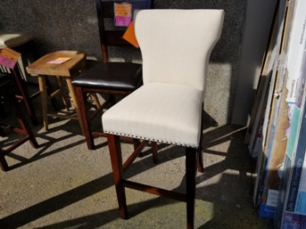 Beige Barstool with Cherry Finish Legs & Nailhead Trim