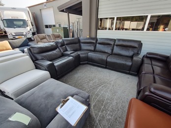 Jason Furniture Lauretta Charcoal 5-Piece Leather Power Reclining Sectional with Power Headrests (blemish)